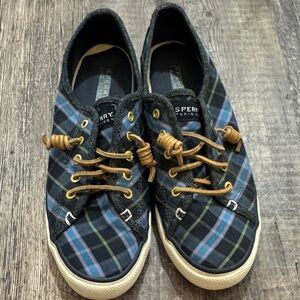 Sperry Blue and Green Plaid Sneakers with Brown Laces